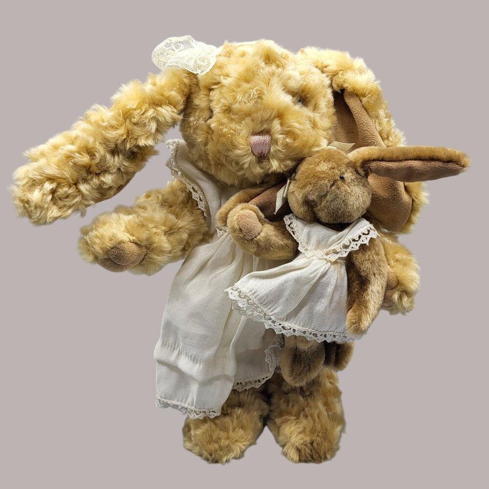 Vintage MTY Dandee Bunny Rabbit with Baby Plush Set Laced Dress Nightgown 15 in